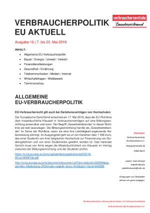 Newsletter Verbraucherpolitik EU aktuell 10/2018