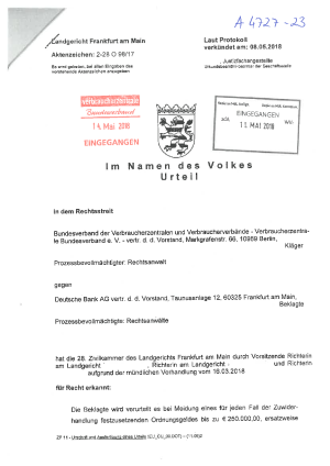 Deutsche Bank Basiskonto | Urteil des LG Frankfurt/Main | Az. 2-28 O 98/17 - nicht rechtskräftig