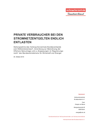 Private Verbraucher bei den Stromnetzentgelten endlich entlasten | Stellungnahme des vzbv zum Referentenentwurf "Verordnung zur Berechnung der Offshore-Netzumlage" | 25. Oktober 2018