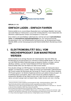 Einfach Laden - Einfach Fahren| Forderungspapier von vzbv, bcs, BSM und IGEMBB | 05. November 2018