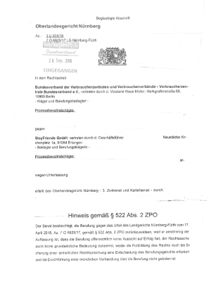 Stayfriends GmbH | Hinweisbeschluss des OLG Nürnberg | Az. 3 U 905/18