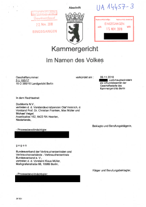 Urteil des Kammergerichts Berlin vom 9.11.2018, Az. 5 U 185/17 – nicht rechtskräftig