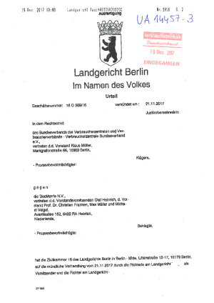 DocMorris: Urteil des Landgerichts Berlin | Urteil vom 21.11.2017 | Az. 16 O 389/16 - nicht rechtskräftig