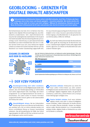 Geoblocking - Grenzen für digitale Inhalte abschaffen | Faktenblatt des vzbv | Juli 2018
