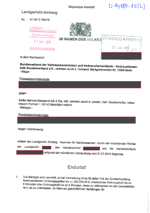 Urteil des Landgerichts Amberg vom 28.01.2019 (41 HK O 784/18) | nicht rechtskräftig