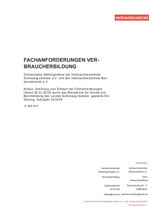 Fachanforderungen Verbraucherbildung | Gemeinsame Stellungnahme der Verbraucherzentrale Schleswig-Holstein und des Verbraucherzentrale Bundesverbands | 10. April 2019