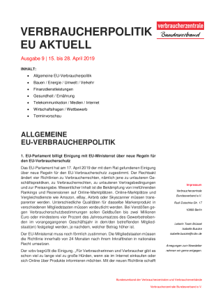 Newsletter Verbraucherpolitik EU aktuell 9/2019
