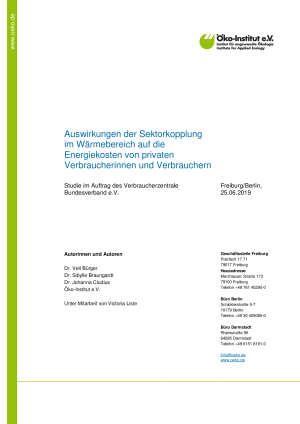 Auswirkungen der Sektorkopplung im Wärmebereich auf die Energiekosten von privaten Verbraucherinnen und Verbrauchern | Studie des Öko-Instituts im Auftrag des vzbv | Juni 2019