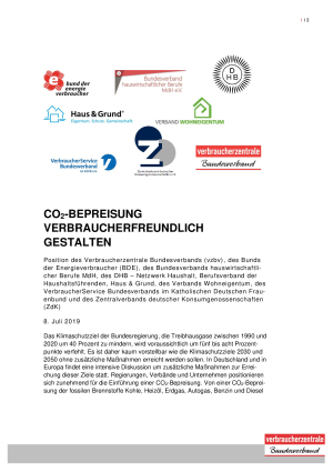 CO2-Bepreisung verbraucherfreundlich gestalten | vzbv Positionspapier | Juli 2019