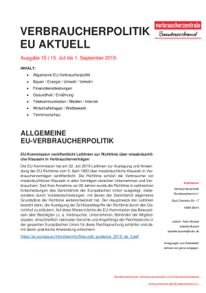 Newsletter Verbraucherpolitik EU aktuell 15/2019