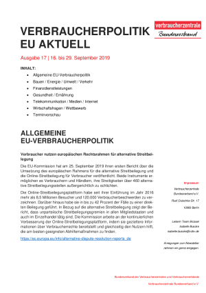 Newsletter Verbraucherpolitik EU aktuell 17/2019