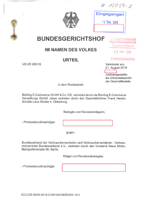 Urteil des Bundesgerichtshofes vom 21.08.2019, Az. VIII ZR 265/18