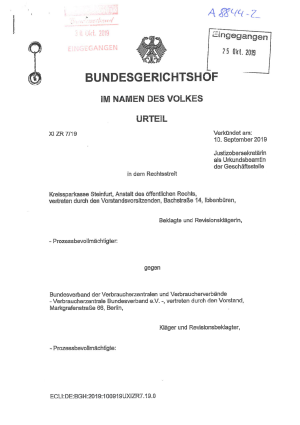 Urteil des Bundeserichtshofs vom 10.09.2019, XI ZR 7/19
