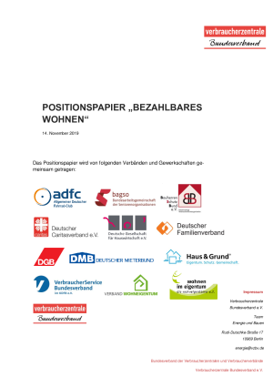 Bezahlbares Wohnen | Positionspapier von 13 Verbänden und Gewerkschaften | 14. November 2019