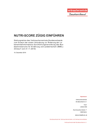 Nutri-Score zügig einführen | Stellungnahme des vzbv | 16. Dezember 2019