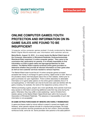 Online computer games: youth protection and information on in-game sales are found to be insufficient | Press release (English) | August 2019