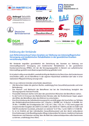Erklärung der Verbände zum Referentenentwurf eines Gesetzes zur Stärkung von intensivpflegerischer Versorgung und medizinischer Rehabilitation in der gesetzlichen Krankenversicherung IPREG | Januar 2020
