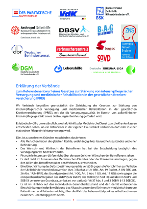 Erklärung der Verbände zum Referentenentwurf eines Gesetzes zur Stärkung von intensivpflegerischer Versorgung und medizinischer Rehabilitation in der gesetzlichen Krankenversicherung IPREG | Januar 2020