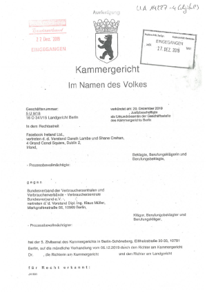 Urteil des Kammergerichts vom 20.12.2019, Az. 5 U 9/18 – nicht rechtkräftig