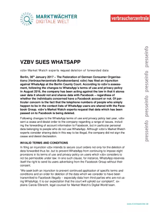 Press release vzbv sues whatsapp 