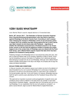 Press release vzbv sues whatsapp 