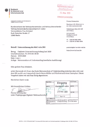 Memorandum of Unterstanding zur Föderung der Informationssicherheit von VerbraucherInnen | MoU zwischen BSI und vzbv | 20.05.2020
