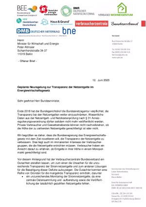 Geplante Neuregelung zur Transparenz der Netzentgelte im Energiewirtschaftsgesetz | offener Brief | Juni 2020
