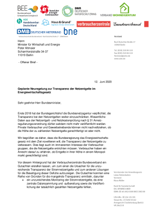 Geplante Neuregelung zur Transparenz der Netzentgelte im Energiewirtschaftsgesetz | offener Brief | Juni 2020
