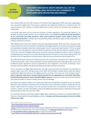 Consumer and Digital Rights Groups call on the international joint initiative on e-commerce to safeguard data protection and privacy