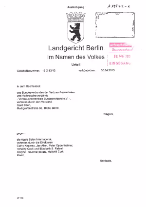 Apple, LG Berlin vom 30.04.2013