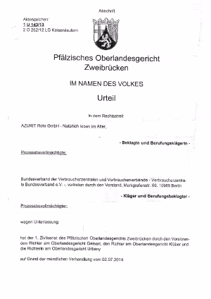 Azurit, OLG Zweibrücken vom 23.07.2014