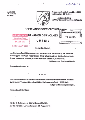 Deutsche Post, OLG Köln vom 06.01.2014