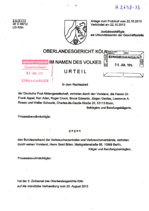 Deutsche Post, OLG Köln vom 06.01.2014