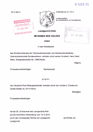 Deutsche Post, LG Köln vom 23.01.2013