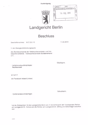 Ordnungsgeld gegen Facebook | Beschluss des Landgerichts Berlin vom 11.2.2016 (Az. 16 O 551/10)