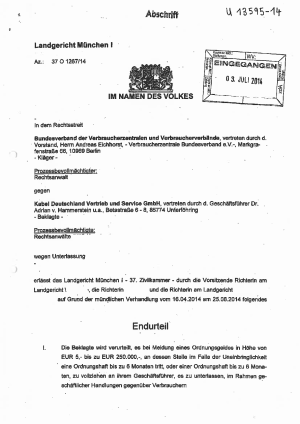 Kabel Deutschland, LG München vom 25.06.2014