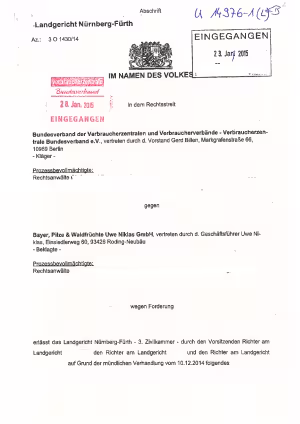 Urteil Bayr. Pilze & Waldfrüchte GmbH | LG Nürnberg-Fürth | 21.01.2015 - Az. 3 O 1430/14