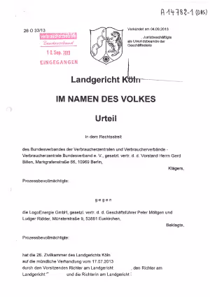 Urteil des LG Köln vom 4.09.2013, Az. 26 O 33/13 | LogoEnergie GmbH