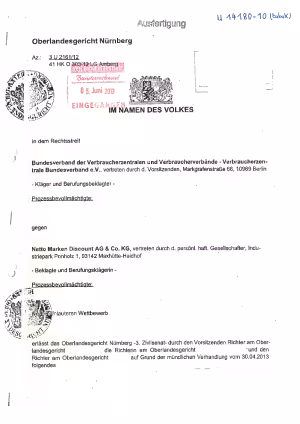 OLG Nürnberg vom 28.05.2013 (3 U 2161/12), rechtskräftig