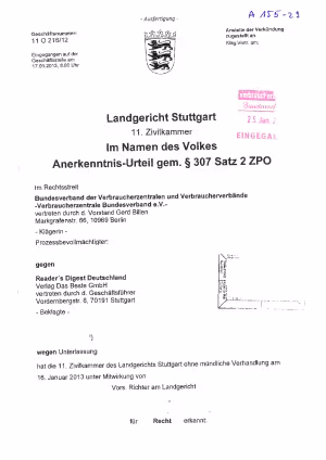 Readers Digest, LG Stuttgart vom 17.01.2013