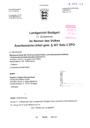 Readers Digest, LG Stuttgart vom 17.01.2013