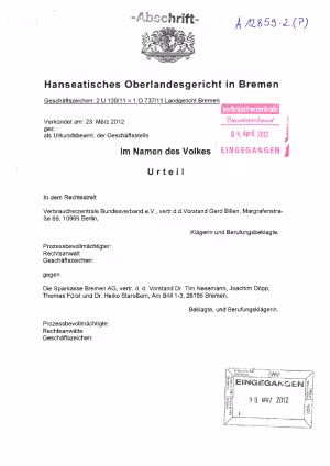 Sparkasse Bremen, OLG Bremen vom 23.03.2012