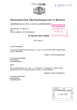 Sparkasse Bremen, OLG Bremen vom 23.03.2012