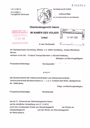 Sparkasse Grevelsberg, OLG Hamm vom 1.10.2012