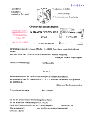 Sparkasse Grevelsberg, OLG Hamm vom 1.10.2012