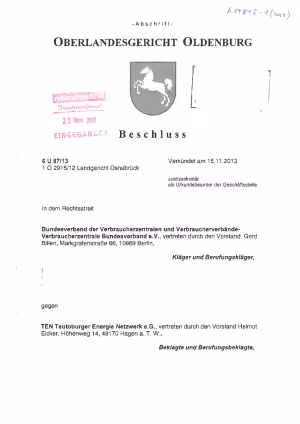 Urteil des OLG Oldenburg vom 15.11.2013, Az. 6 U 87/13 | Teutoburger Energie Netzwerk eG