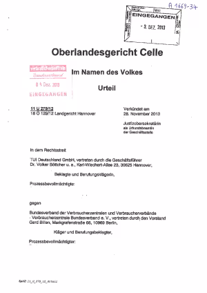 TUI, OLG Celle vom 28.11.2013 