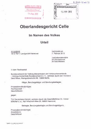 TUI, OLG Celle vom 7.02.2013