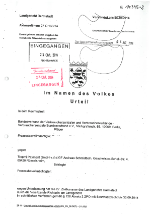 Tropmi Payment GmbH, LG Darmstadt vom 16.10.2014 (Az.: 27 O 133/14)