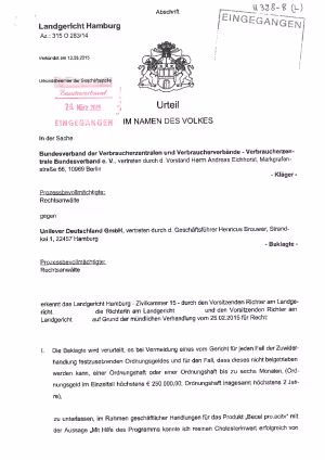 Unilever | Gesundheitswerbung | Urteil des LG Hamburg vom 13.3.2015